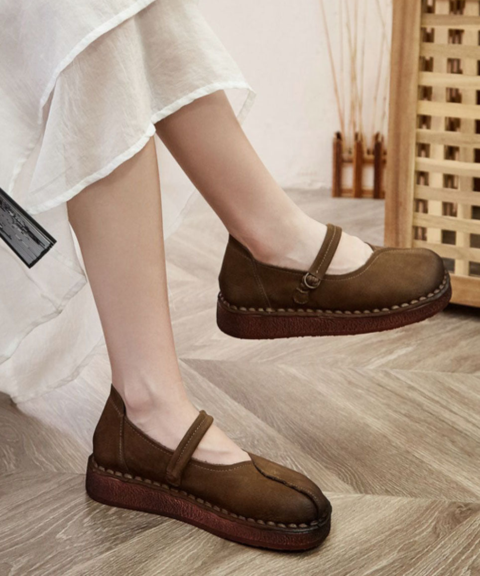 Soft Buckle Strap Flats Brown Cowhide Leather