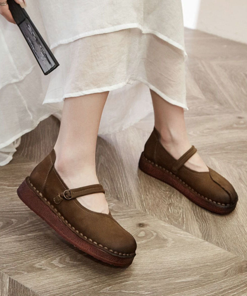 Soft Buckle Strap Flats Brown Cowhide Leather