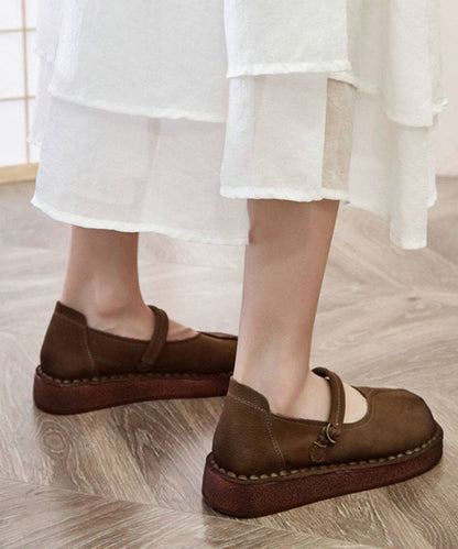 Soft Buckle Strap Flats Brown Cowhide Leather