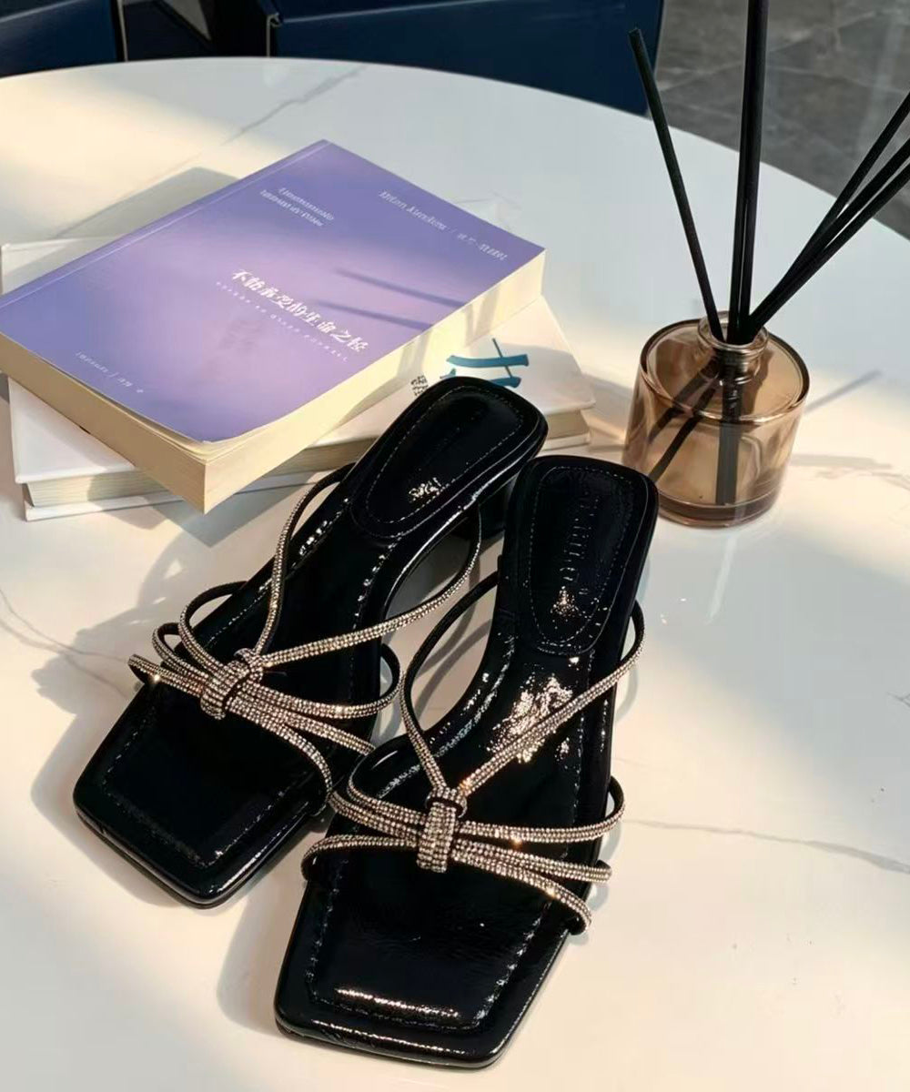 Soft Chunky Black Rhinestone Faux Leather Slide Sandals