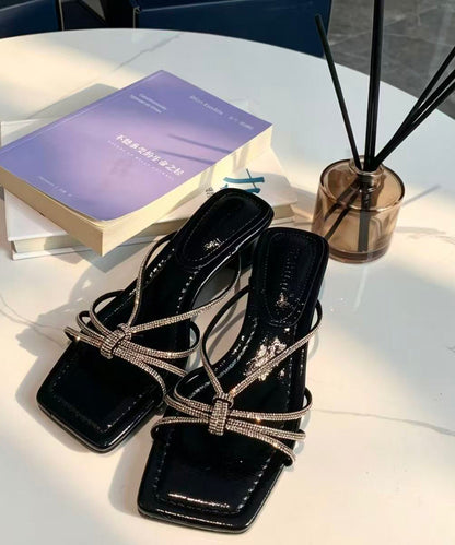 Soft Chunky Black Rhinestone Faux Leather Slide Sandals