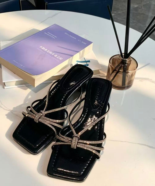 Soft Chunky Black Rhinestone Faux Leather Slide Sandals