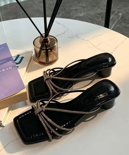 Soft Chunky Black Rhinestone Faux Leather Slide Sandals