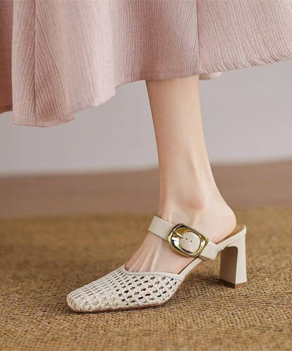 Soft Chunky Sandals Beige Hollow Out Knit Fabric