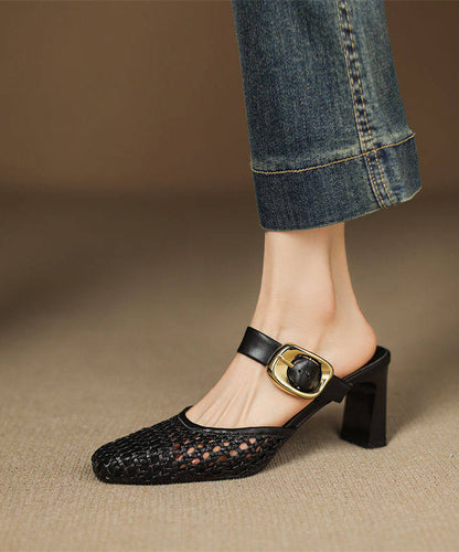 Soft Chunky Sandals Beige Hollow Out Knit Fabric