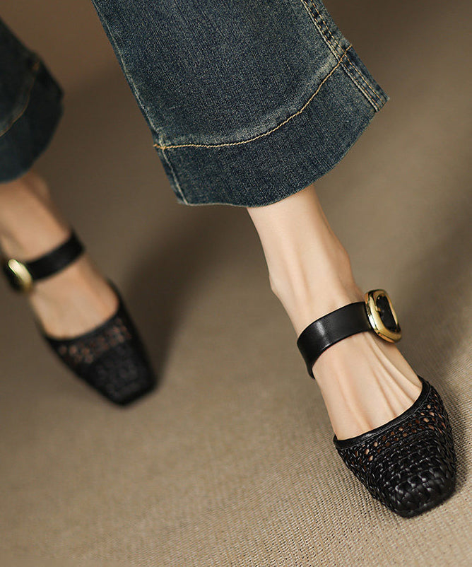 Soft Chunky Sandals Beige Hollow Out Knit Fabric