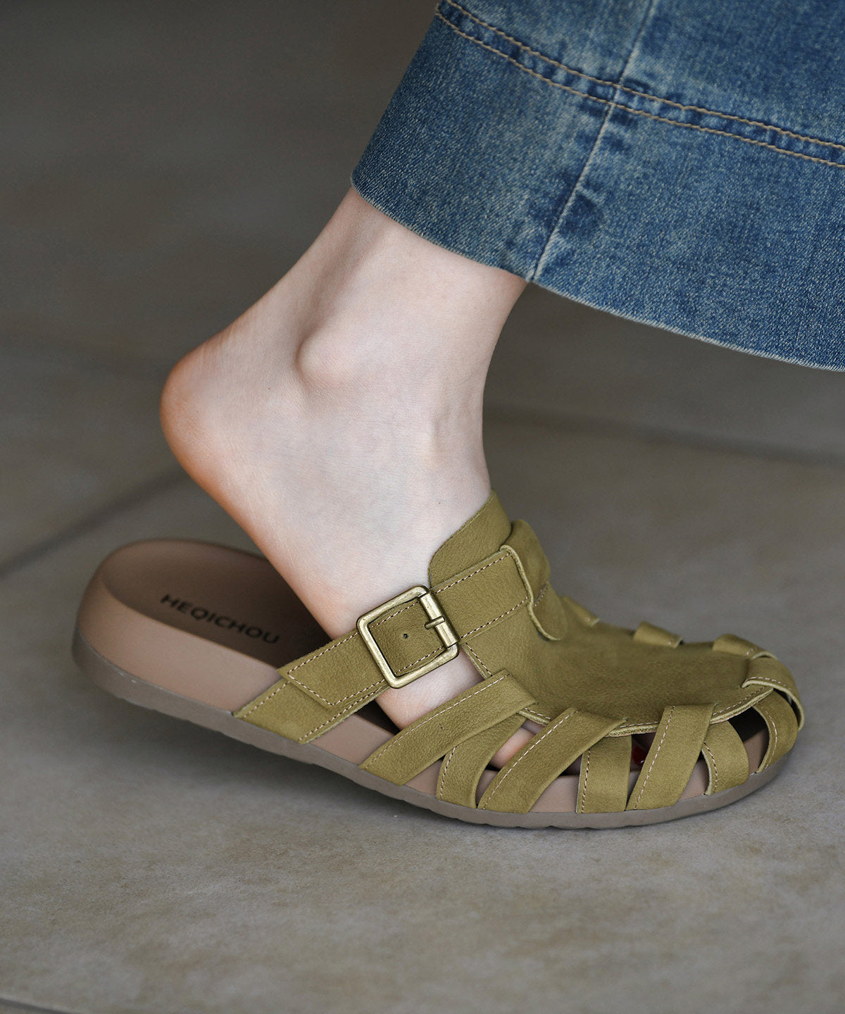 Soft Green Cowhide Leather Hollow Out Flip Flops