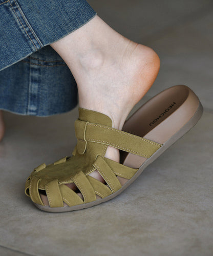Soft Green Cowhide Leather Hollow Out Flip Flops