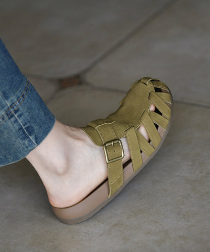 Soft Green Cowhide Leather Hollow Out Flip Flops