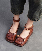 Soft Green Cowhide Leather Splicing Buckle Strap Flats Shoes