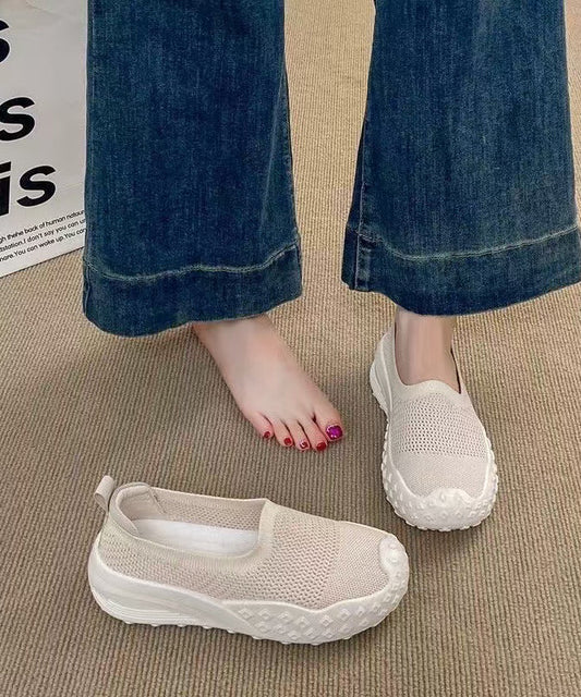 Soft Hollow Out Flat Shoes Beige Knit Fabric