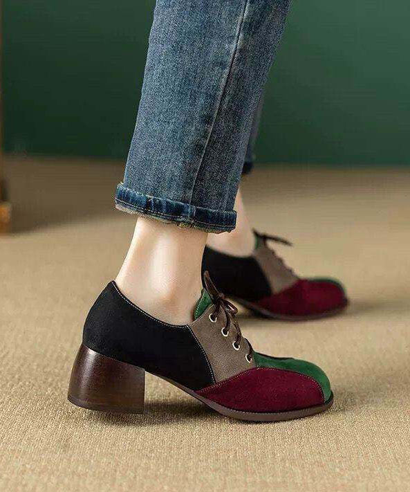 Soft Lace Up Chunky High Heels ColorblockC Faux Leather