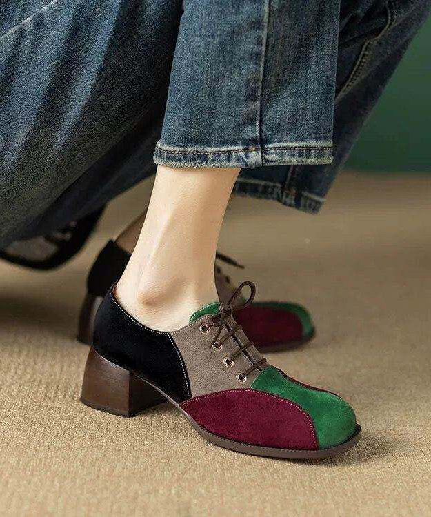 Soft Lace Up Chunky High Heels ColorblockC Faux Leather