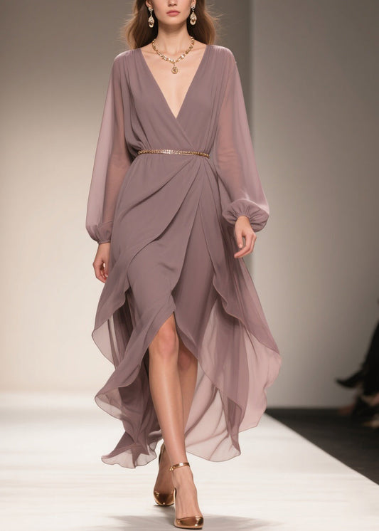 Soft Misty Lavender Gray Low High Design Chiffon Dress V Neck Spring