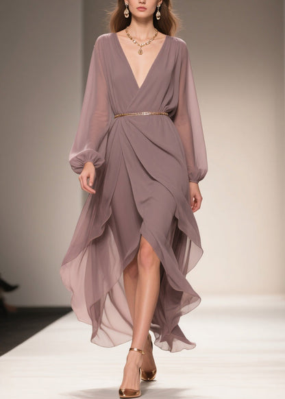 Soft Misty Lavender Gray Low High Design Chiffon Dress V Neck Spring