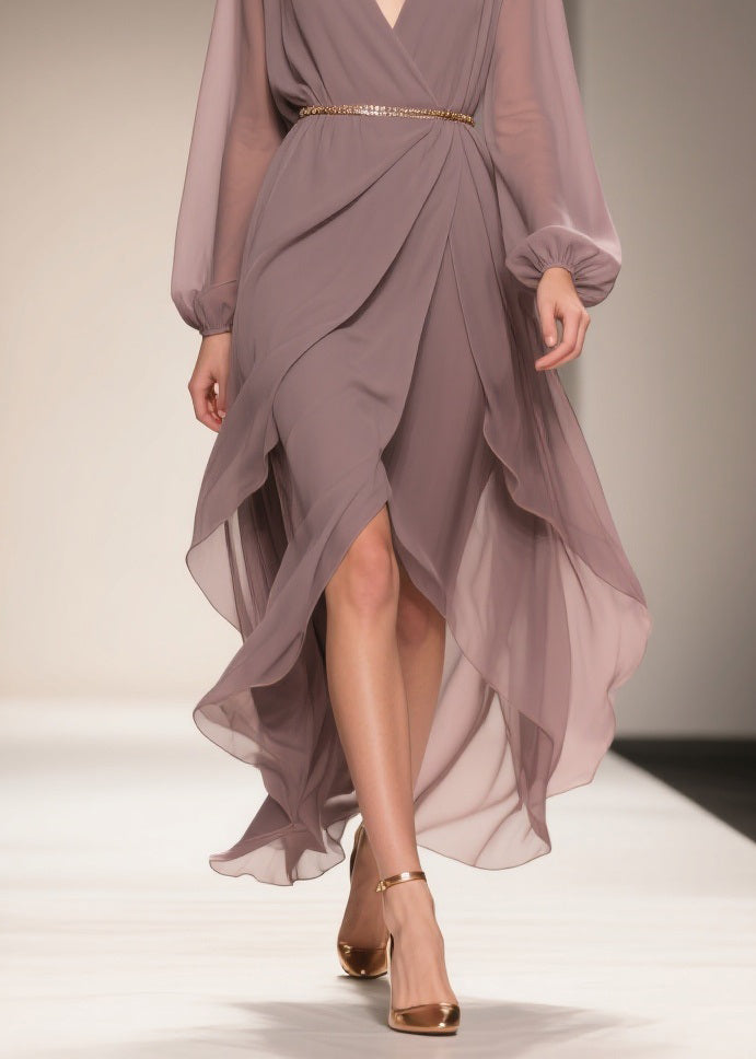 Soft Misty Lavender Gray Low High Design Chiffon Dress V Neck Spring