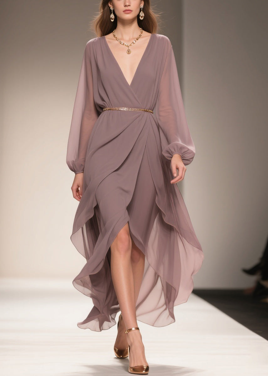 Soft Misty Lavender Gray Low High Design Chiffon Dress V Neck Spring