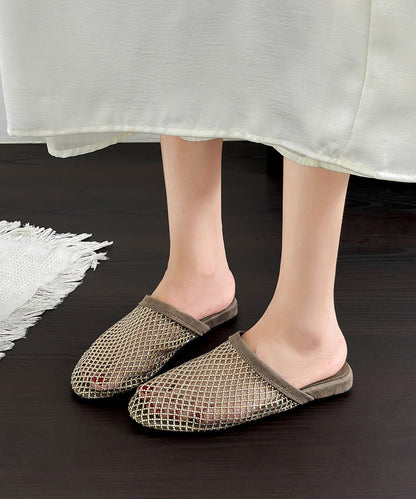 Soft Splicing Apricot Faux Leather Hollow Out Zircon Slide Sandals