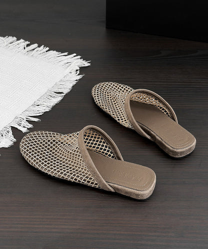 Soft Splicing Apricot Faux Leather Hollow Out Zircon Slide Sandals