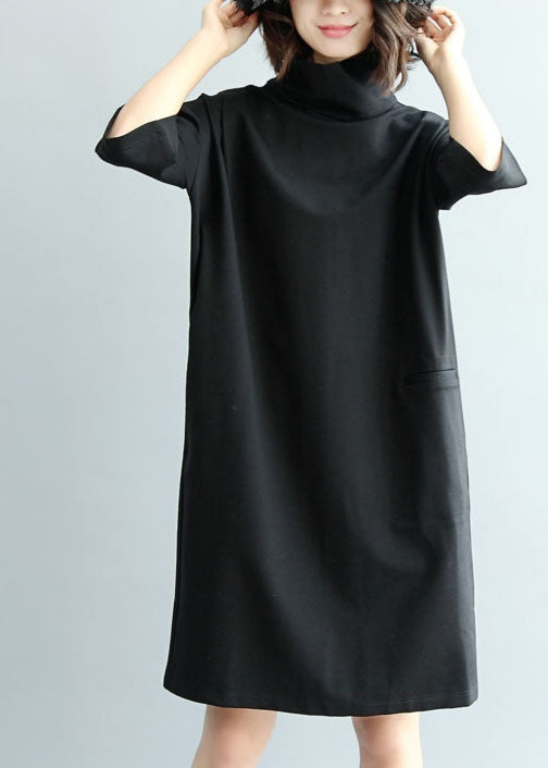 Solid Black Cotton Dress High Neck Half Sleeve