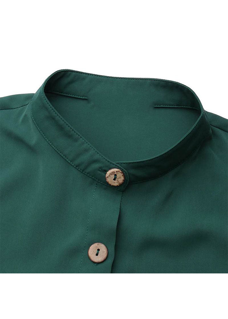 Solid Color Stand Collar Button Down Front Leisure Loose Maxi Dress with Side Pockets