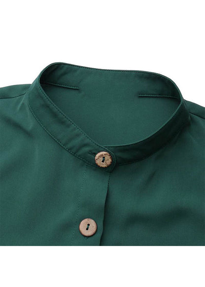 Solid Color Stand Collar Button Down Front Leisure Loose Maxi Dress with Side Pockets