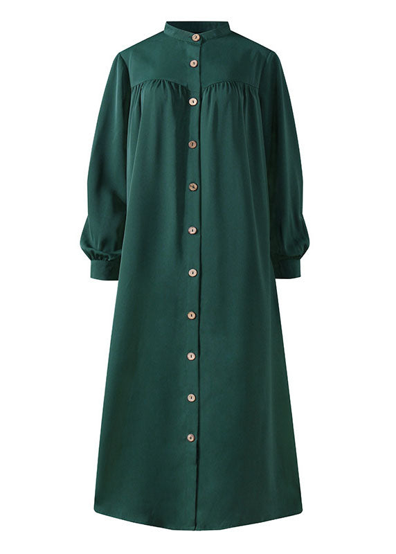 Solid Color Stand Collar Button Down Front Leisure Loose Maxi Dress with Side Pockets
