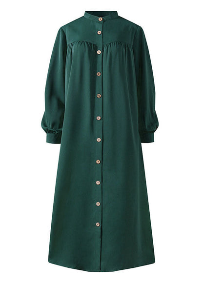 Solid Color Stand Collar Button Down Front Leisure Loose Maxi Dress with Side Pockets
