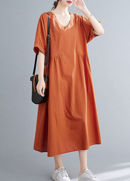 Solid Orange Patchwork Cotton Holiday Dress Wrinkled Short Sleeve