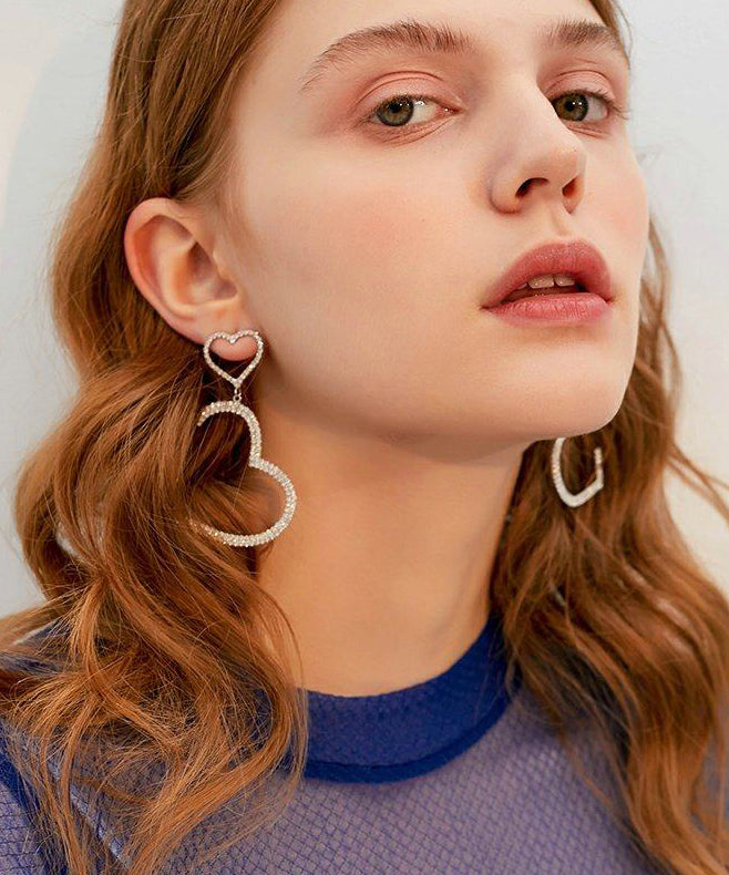 Sparkling Double Heart Shape Design Zircon Drop Earrings