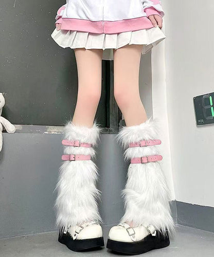 Spicy Girl Leather Buckle White Fuzzy Fur Fluffy Socks Covers