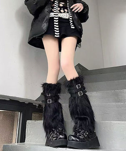 Spicy Girl Leather Buckle White Fuzzy Fur Fluffy Socks Covers
