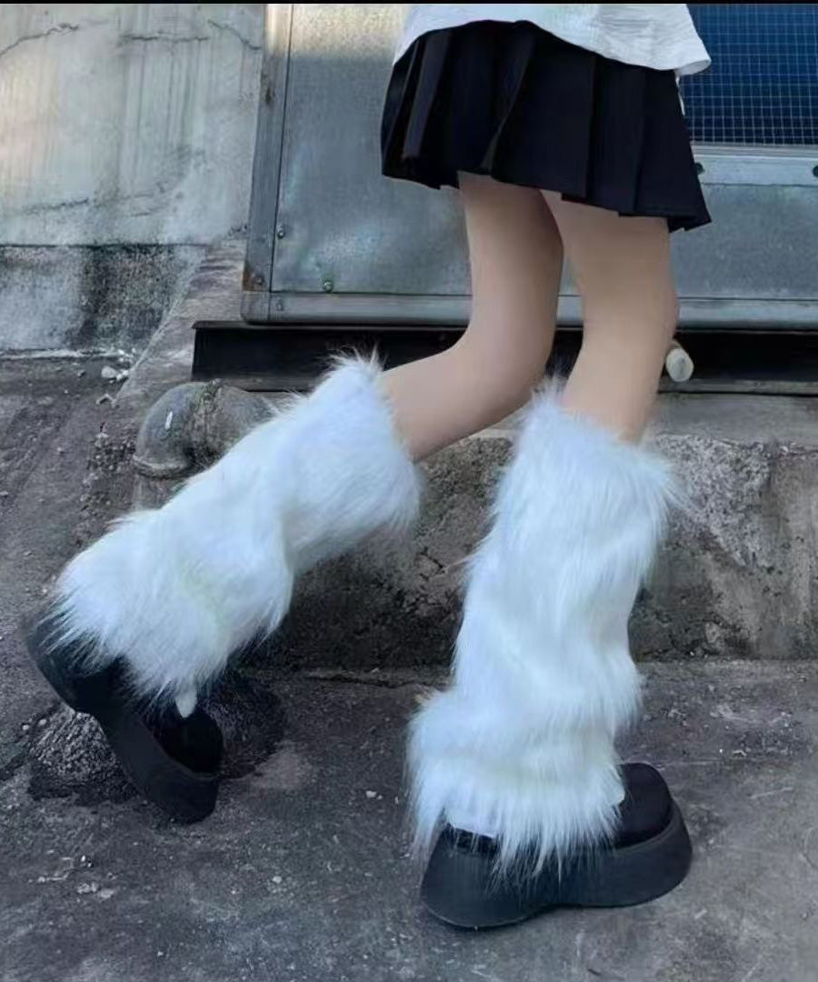 Spicy Girl Leather Buckle White Fuzzy Fur Fluffy Socks Covers