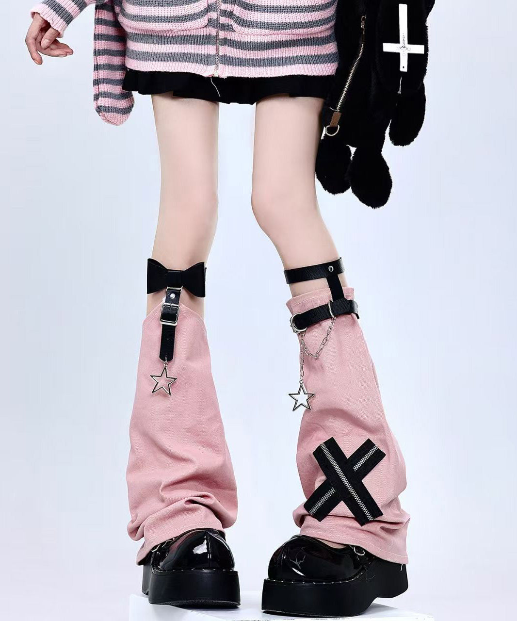 Spicy Girl Stylish Pink Cross Chain Leather Buckle Sock Sleeves