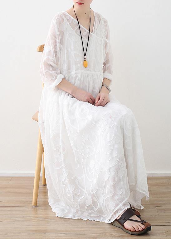 Spring 2021 Lace Tencel Cutout Swing Dress Jumper Two-piece - SooLinen