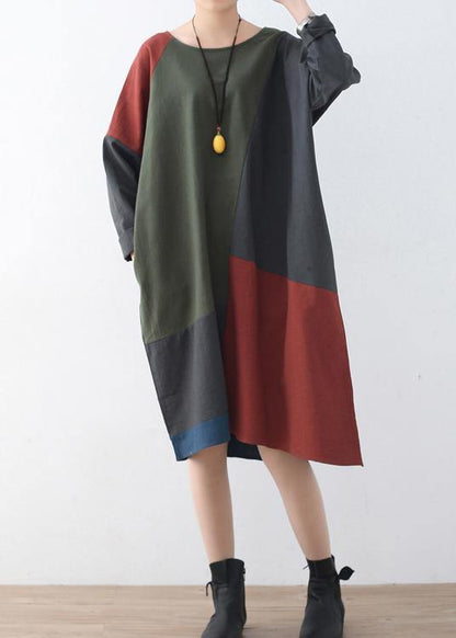 Spring National Style Retro Color Matching Cotton Dress - SooLinen