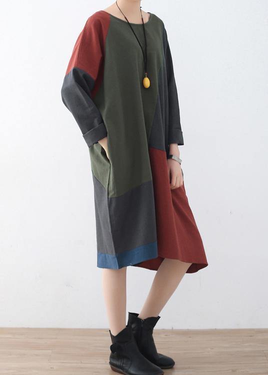 Spring National Style Retro Color Matching Cotton Dress - SooLinen