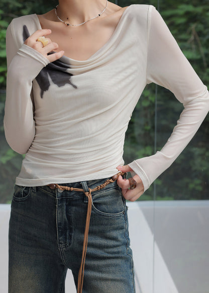 Spring New Beige Print Long Sleeved Draped Neckline T-Shirt