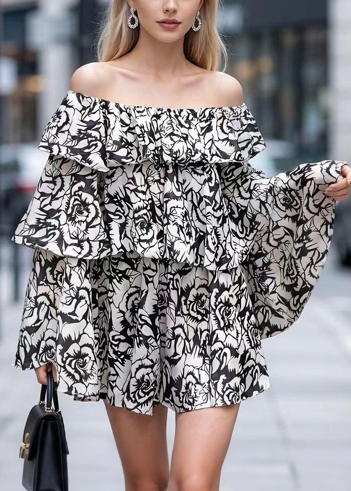 Spring New Chiffon Printed One Word Neck Bat Sleeve Ruffle Edge Top