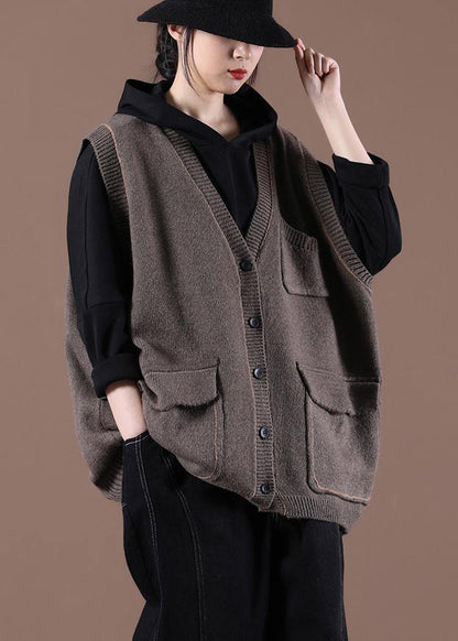 Spring New Coffee Women's Korean Large Multi Pocket Knitted Vest - SooLinen