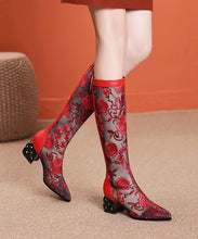 Load image into Gallery viewer, Spring Summer High Tube Embroidered Mesh Chunky Heel Boots