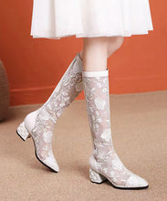 Load image into Gallery viewer, Spring Summer High Tube Embroidered Mesh Chunky Heel Boots