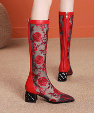 Load image into Gallery viewer, Spring Summer High Tube Embroidered Mesh Chunky Heel Boots