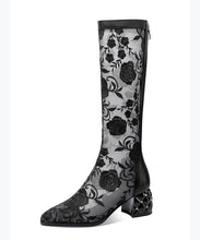 Load image into Gallery viewer, Spring Summer High Tube Embroidered Mesh Chunky Heel Boots