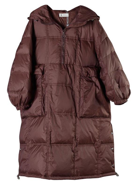 Street Chocolate Hooded Pockets Button Winter Zippered Duck Down Winter Coats Long Sleeve - SooLinen