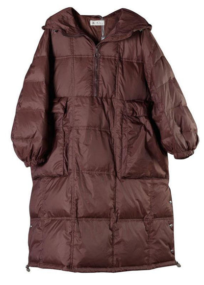 Street Chocolate Hooded Pockets Button Winter Zippered Duck Down Winter Coats Long Sleeve - SooLinen