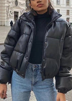 Streetwear Black Zip Up Fine Cotton Filled Short Witner Coats