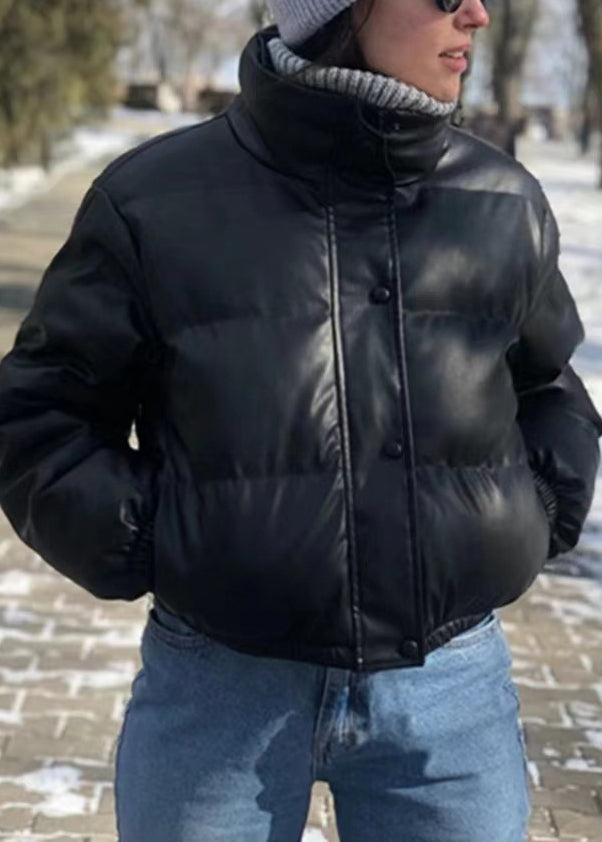 Streetwear Black Zip Up Fine Cotton Filled Short Witner Coats