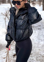 Streetwear Black Zip Up Fine Cotton Filled Short Witner Coats