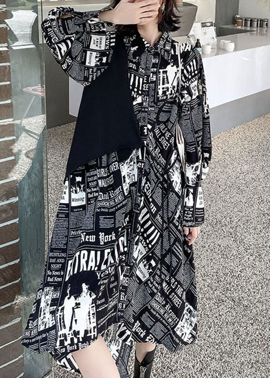 Streetwear Black low high design print Patchwork Satin shirt Dress Spring